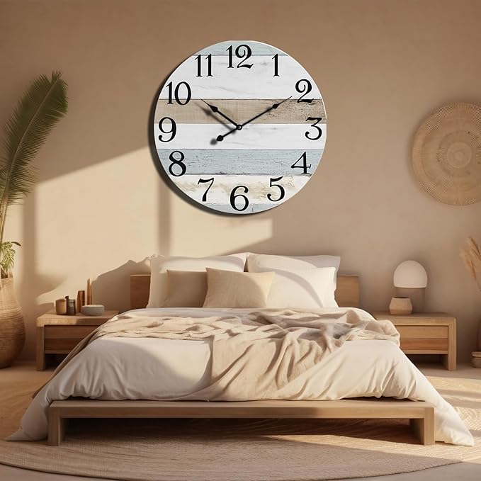 24 Inch Wall Clock Wood Round Silent Non-Ticking Clock,Large Rustic Farmhouse Blue Wall Clock with Battery Operated Vintage Decorative Clock for Living Room Kitchen Decor