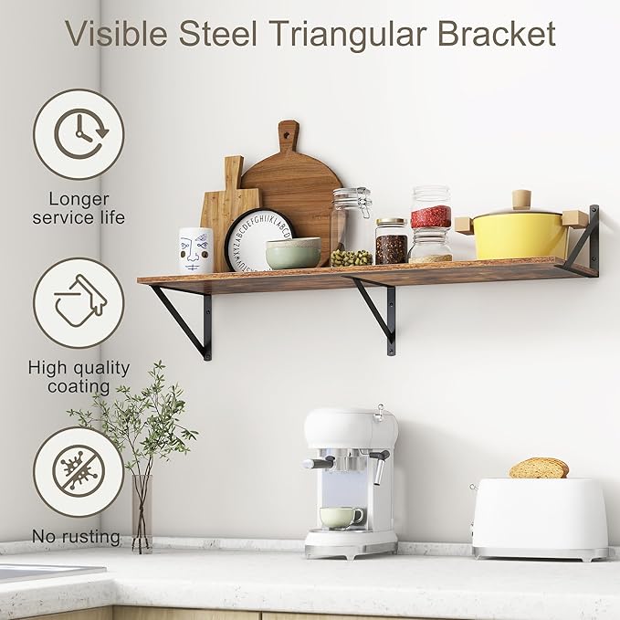 36"W x 12"D Floating Shelves, Deep Floating Shelves with Brackets, 12 Inch Deep Wall Shelves for Books, Wide Display Storage Shelves for Bathroom, Living Room, 36 Inch Long, Rustic Brown, Set of 2