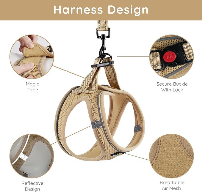 BELLA & PAL Step in Vest Harness for Small and Medium Dogs, No Pull Small Dogs Harness with Leash Set, Comfortable Air Mesh Dog Vest Harness with Reflective Strip (Khaki, S)