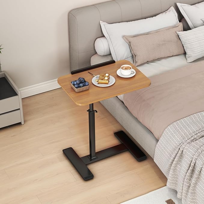 Adjustable Height C Shaped Side Table,360°Swivel Overbed Table,Top Tilting Laptop Stand Table with Hidden Wheels,Mobile Couch End Tables that Slide under,Rolling TV Coffee Table for Sofa/Bed (wood)