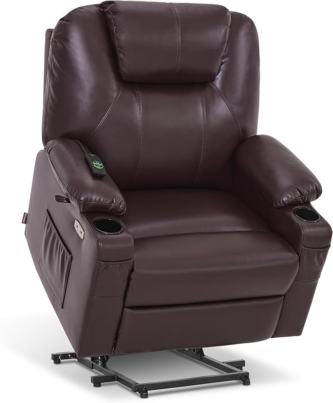 MCombo Extra Wide Power Lift Recliner Chair for Elderly, Lift Chair with Heat and Massage for Big People, USB&Type C Ports, Cup Holders, Faux Leather R7045 (Dark Brown, Medium-Wide)
