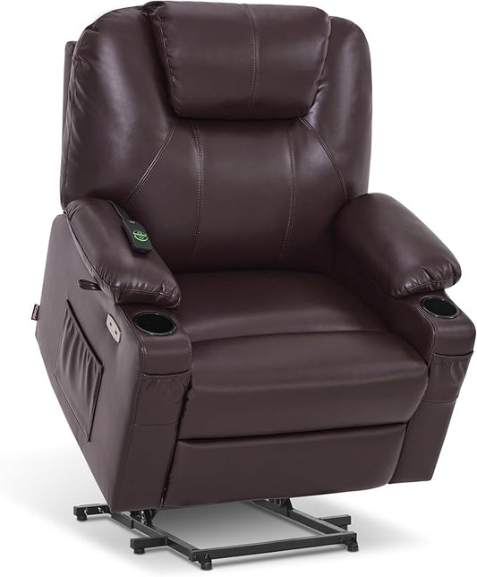 MCombo Extra Wide Power Lift Recliner Chair for Elderly, Lift Chair with Heat and Massage for Big People, USB&Type C Ports, Cup Holders, Faux Leather R7045 (Dark Brown, Medium-Wide)