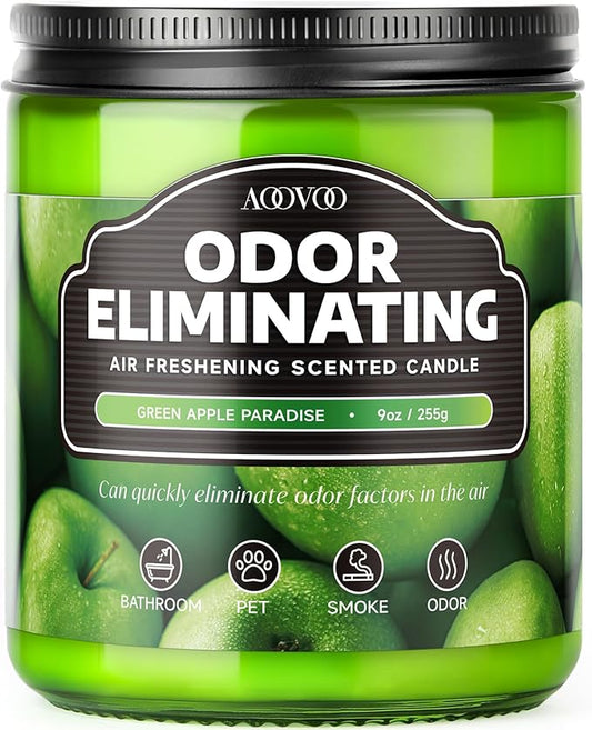 AOOVOO Green Apple Odor Eliminating Highly Fragranced Candle - Eliminates 95% of Pet, Smoke, Food, and Other Smells Quickly, Air Freshing Soy Candle, 9 oz Up to 50 Hours Burn time