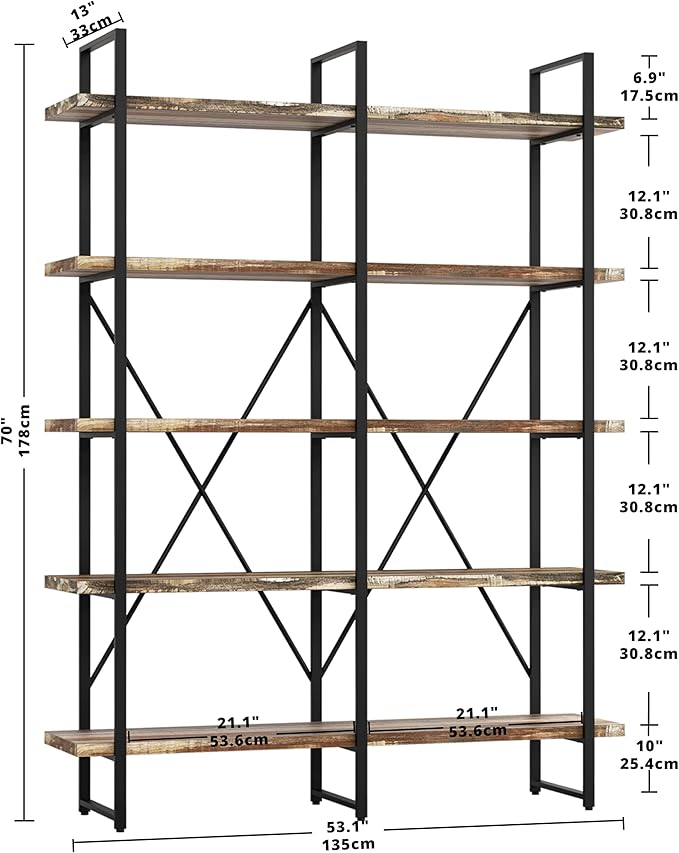 IRONCK Bookshelf, Double Wide 5-Tier Open Bookcase Vintage Industrial Large Shelves, Wood and Metal Etagere Bookshelves, for Home Decor Display, Office Furniture, 13D x 53.1W x 70H in