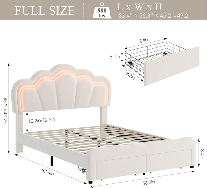 HOSTACK Full Upholstered LED Bed Frame with Storage Drawers, Cute Girls Bed with Adjustable Lotus Headboard, Velvet Princess Platform Bed Frame, Wooden Slats Support, No Box Spring Needed, Cream