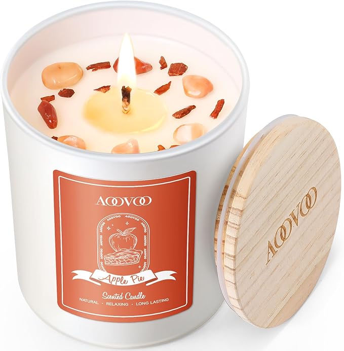 AOOVOO Apple Pie Scented Candles for Women - Aromatherapy Candle with Crystals Inside, 10oz Soy Candles for Home Scented, Birthday Gifts Christmas Candle for Women Mom