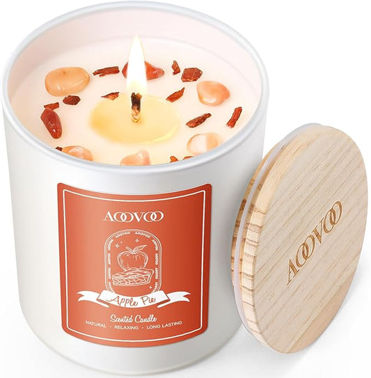 AOOVOO Apple Pie Scented Candles for Women - Aromatherapy Candle with Crystals Inside, 10oz Soy Candles for Home Scented, Birthday Gifts Christmas Candle for Women Mom