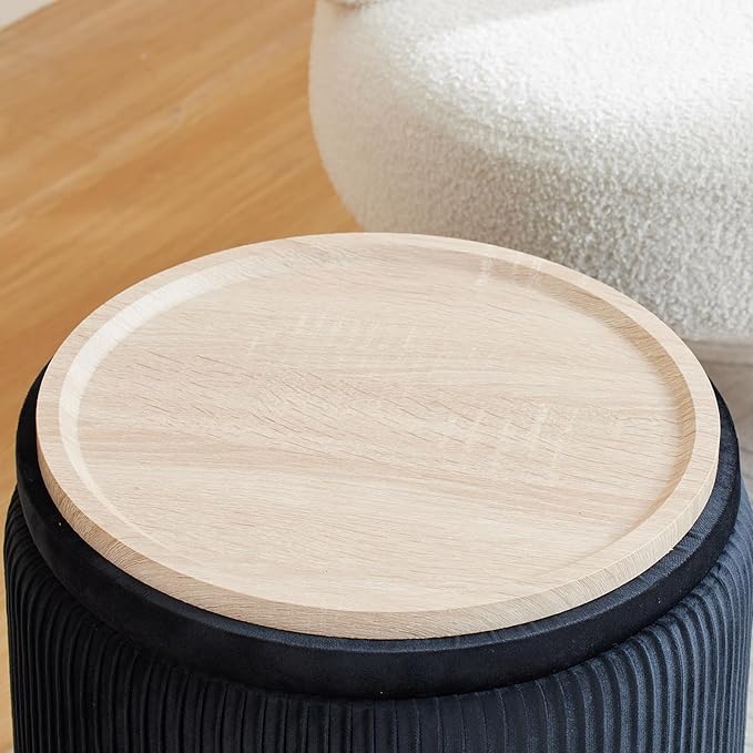 Round Ottoman with Storage Set of 2-Upholstered Sherpa Vanity Stool for Makeup Multifunctional Ottomans Coffee Table Padded Seat Foot Rest (Engineered Wood, Black-Upgrade Taray Lid)