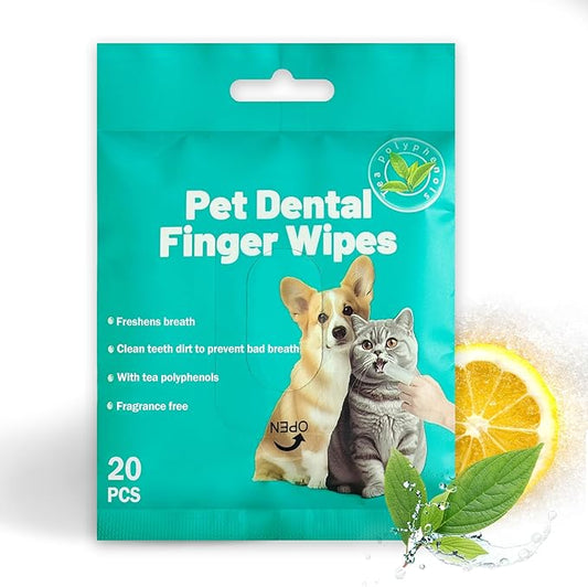 Portable Dog Teeth Dental Finger Wipes for Dogs & Cats No-Rinse Dog Finger Toothbrush Dog Plaque & Tartar Prevention with Brushing Beads Dog Breath Freshene 20pcs