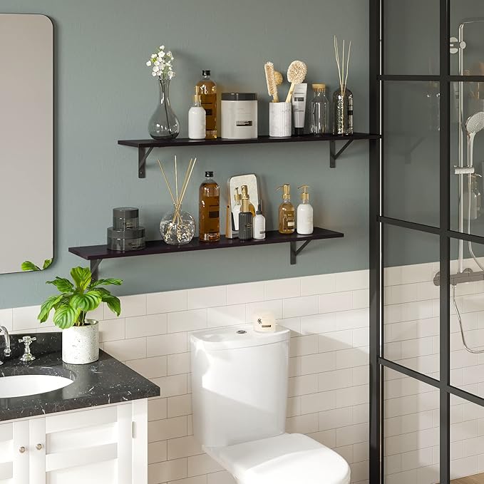 DINZI LVJ Long Wall Shelves, 39.4Inch Wall Mounted Shelves Set of 2, Extra Large Wall Storage Ledges with Sturdy Metal Brackets for Living Room, Bathroom, Bedroom, Kitchen, Espresso