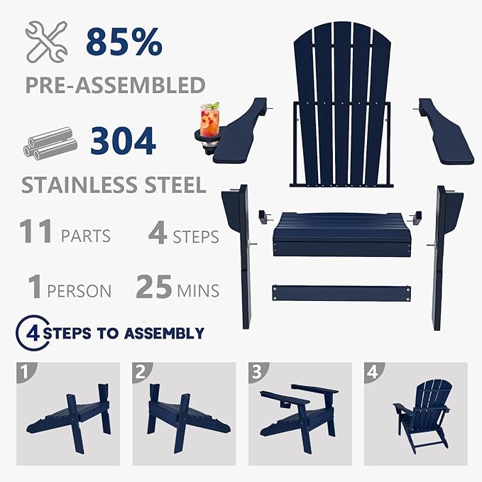 Plawdlik Folding Adirondack Chair, SGS Tested, Wooden Textured with Cup Holder, Heavy All-Weather HDPE Comfortable Set Poolside Backyard Lawn Navy Blue