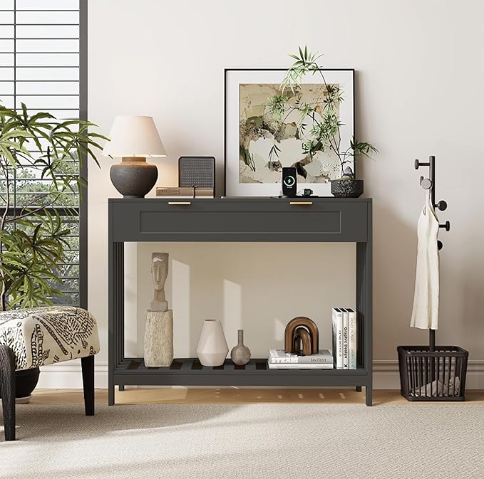 Console Table with Drawers Narrow Entry Table with Large Drawer & Open Storage Slats Shelf, Wooden Long Behind Couch Sofa Table for Living Room,Entryway, Foyer, Hallway(Black)