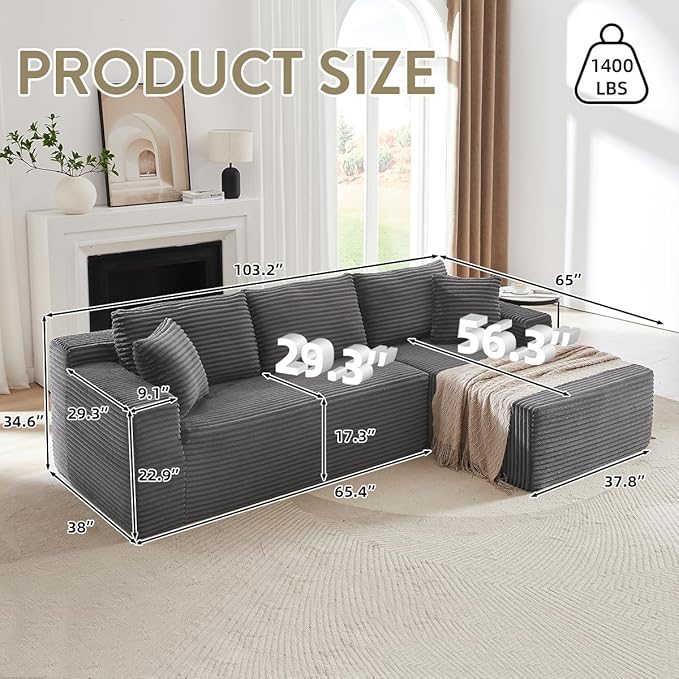 104 Inch Cloud Sectional Couch with L-Shape Chaise,Modern Upholstered Couches with Deep Seat,Corduroy Sponge Compressed Sofa for Living Room, Bedroom,No Assembly Required (Dark Grey)