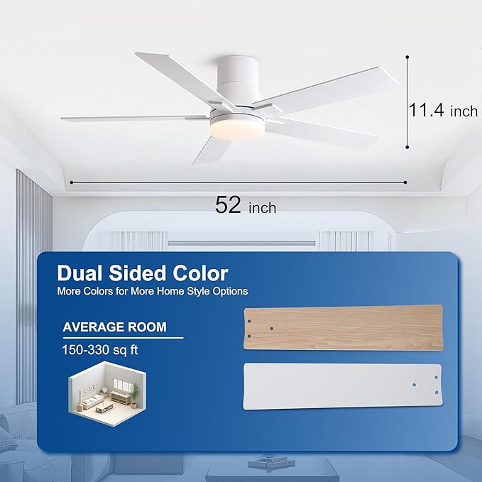 Rayqueen 52 Inch Ceiling Fans with Lights and Remote, Flush Mount White Ceiling Fan, 6 Speed Reversible DC Motor, 3CCT Dimmable LED-Low Profile Design for Bedroom, Living room & Covered Outdoor