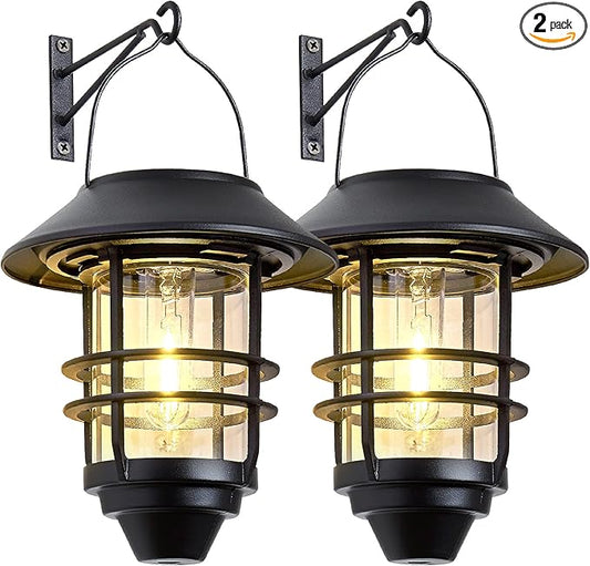 Solar Lantern Outdoor Lights, Hanging Waterproof Lantern Lights with Wall Mount Kit for Garden Porch Fence 2 Pack