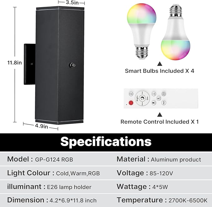 Outdoor Wall Lights 2 Pack, RGBCW Exterior Lighting Sconce,2700K-6500K Dimmable Smart Porch Lights Outdoor for House Patio Garage, Compatible with Alexa/Google Assistant, Bulb Included