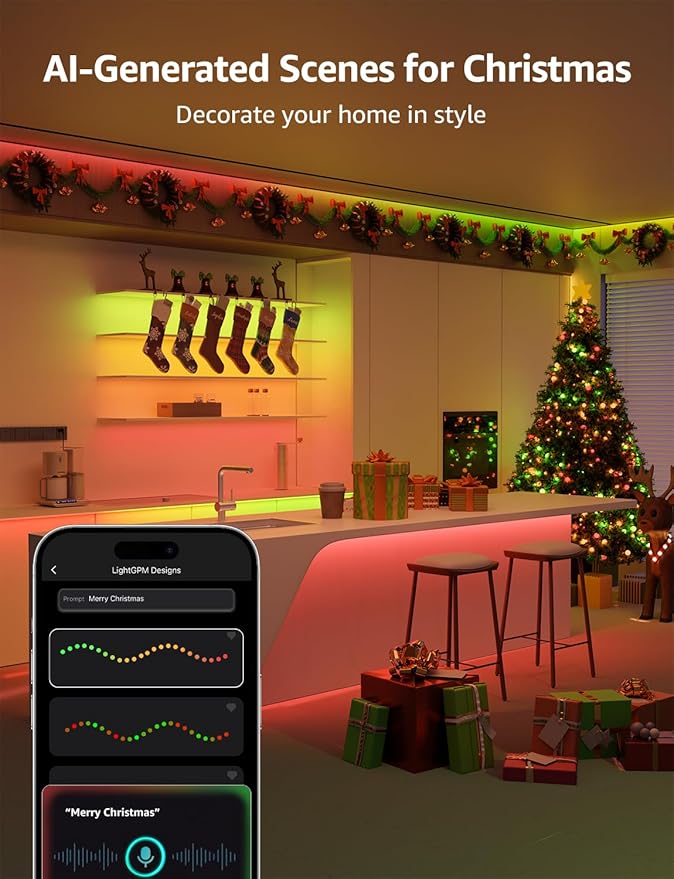 Lepro S1 AI LED Strip Lights for Christmas Decorations, 32.8ft Smart RGB Light Strips with IC and Rainbow Chasing Effects, Personalized Al Lighting Designer, No Remote, 2.4GHz Wi-Fi & Bluetooth