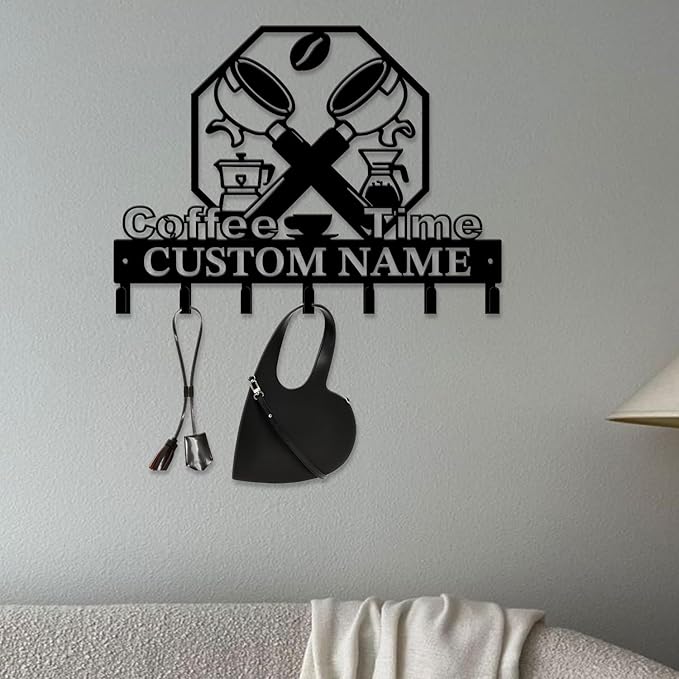 Coffee Bar Keys Holder - Metal Iron Wall Hooks with Custom Name | Personalized Home Decor & Gift Idea | Coffee-Themed Text Engraving Design (Style I)