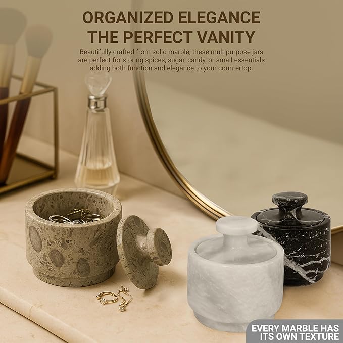 Natural Marble Salt Cellar With Lid - Stone Salt Container And Stone Salt Holder, Spice Jars For Counter, Candy Jar & Spice Jar, White