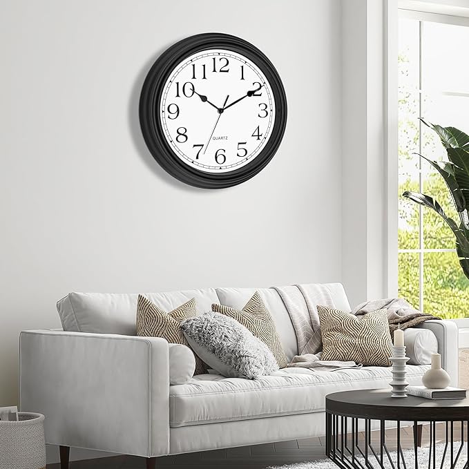Foxtop 14 Inch Wall Clock Battery Operated Silent Non-Ticking Round Classic Vintage Retro Wall Clock Decorative for Living Room Kitchen Home Office (Black)