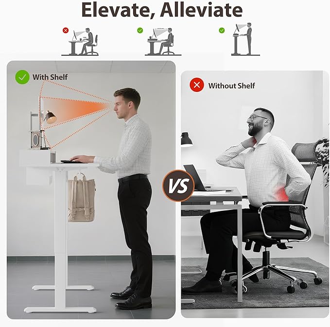 Agilestic Glass Standing Desk with Storage, 48 Inch Electric Adjustable Desk with Glass Shelf and Cable Management, Sit Stand Up Home Office Computer Table, Splice Board, White