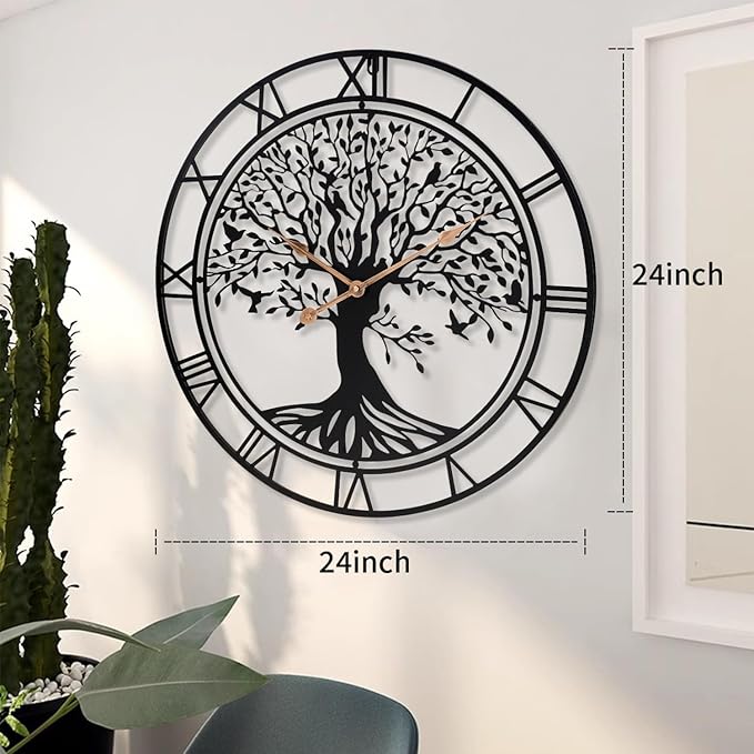 Tree of Life Wall Clock, 24Inch Metal Black Family Tree Oversized Wall Clocks for Living Room Bedroom Home Decor, Modern Silent Mid-Century Battery Operated