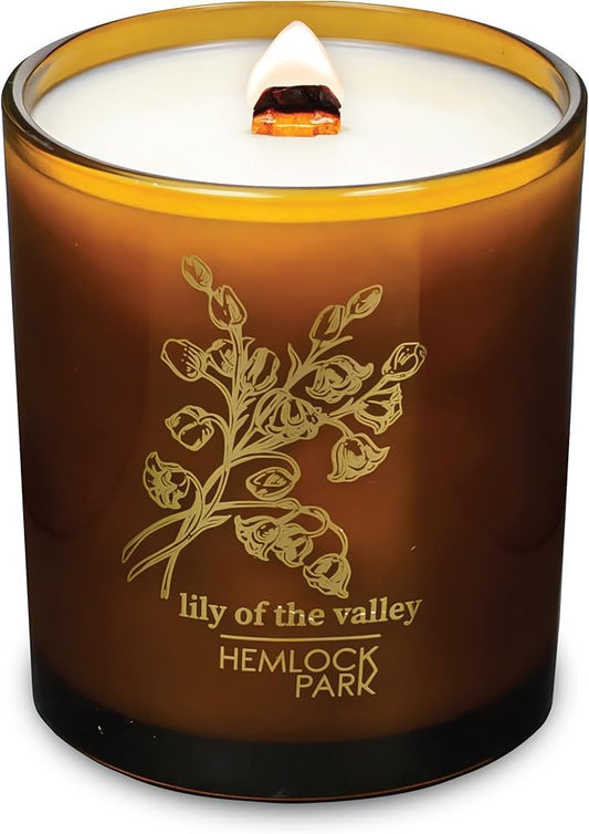 Hemlock Park Amber & Gold Wood Wick Candle Handcrafted with Natural Coconut Wax (Large 14 oz, Lily of The Valley)