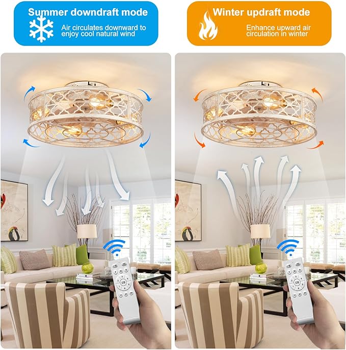 Farmhouse Ceiling Fans with Lights Remote Control,6 Speed Reversible Flush Mount Low Profile Rustic Antique White Ceiling Fan with Light,Boho Bladeless Country Caged Ceiling Light Fixture