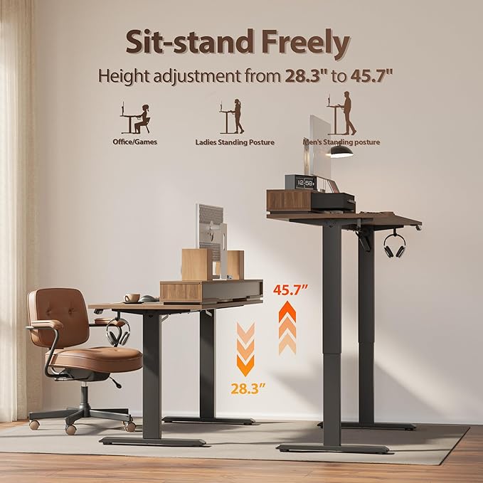 Agilestic 48 Inch Electric Standing Desk with Drawers, Adjustable Desk with Storage Shelf, Stand Up Home Office Computer Table, Splice Board, Dark Walnut