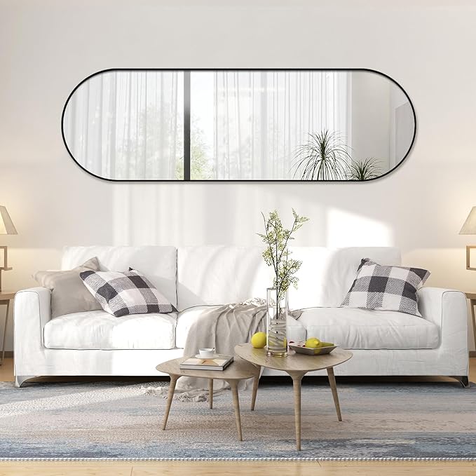 Oval Full Length Mirror, 60"×19" Wall-Mounted Mirror with Metal Frame, Ultra-Clear Explosion-Proof, Simple and Classic Deco for Cloakroom/Bedroom/Living Room, Black