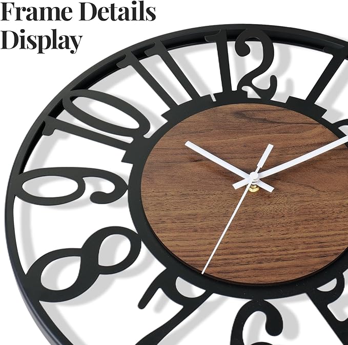 Modern Wall Clock Battery Operated, 16 inch Round Big Wood Decorative Metal Wall Clocks for Living Room, Non Ticking Silent Black Clock, Bedroom, Kitchen, Office Decor-Arabic Numerals