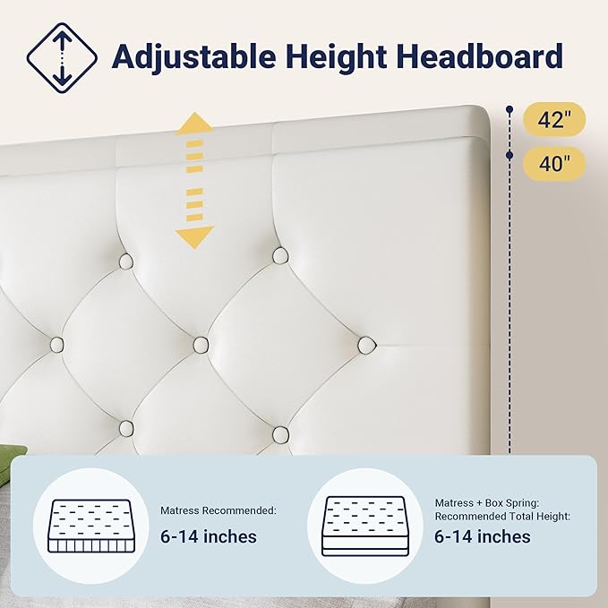 Allewie Upholstered Queen Size Platform Bed Frame with 4 Storage Drawers and Headboard, Diamond Stitched Button Tufted, Mattress Foundation with Wooden Slats Support, No Box Spring Needed, White