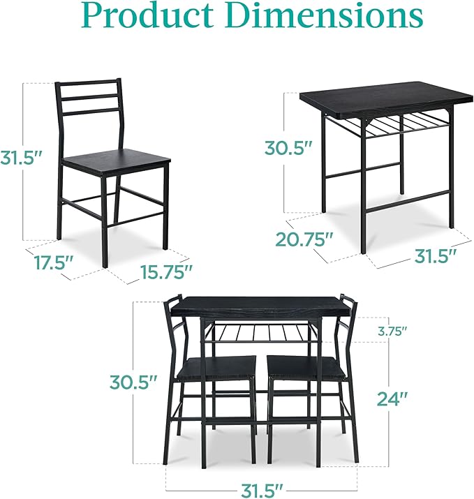 Best Choice Products 3-Piece Modern Dining Set, Space Saving Dinette for Kitchen, Dining Room, Small Space w/Steel Frame, Built-in Storage Rack - Black/Black