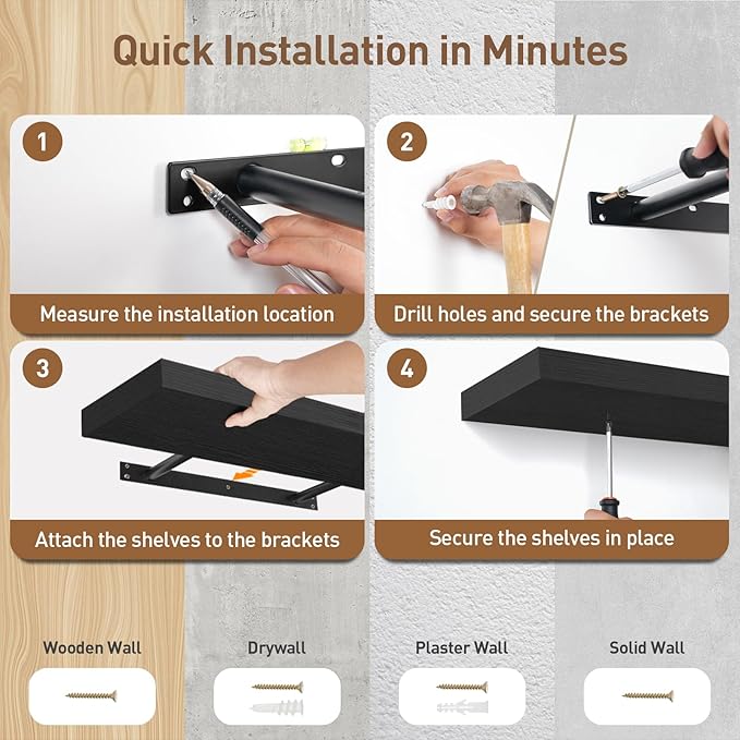 Floating Shelves for Wall, 1.5" Thick Wall Shelf Set of 3 with Invisible Brackets, L31.5 x W7.9 Hanging Book Shelves Farmhouse Home Decor for Bathroom, Living Room, Bedroom, Black 8301BJP3BK