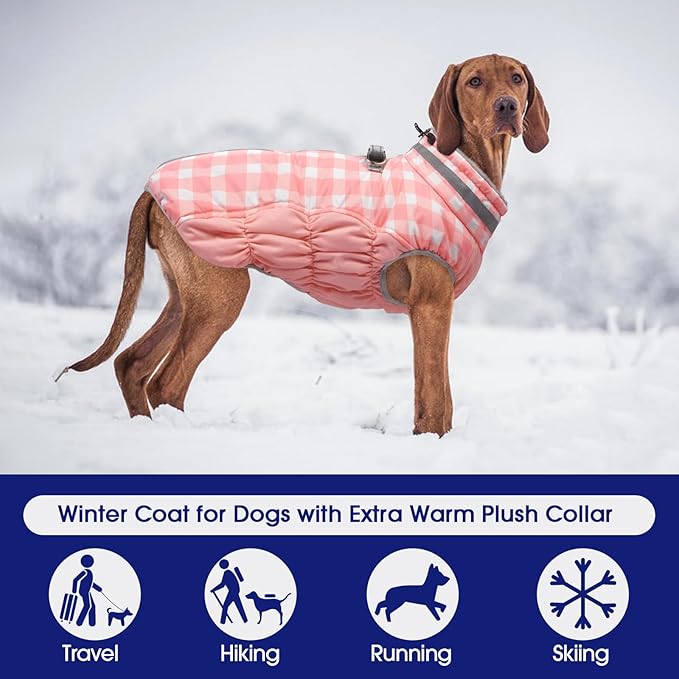FUAMEY Dog Coat for Large Dogs,Waterproof Dog Winter Jacket with Harness Built in Puppy Cold Weather Coats Reflective Pet Vest with Zipper Warm Fleece Dogs Snowsuit Windproof Pink Plaid XL