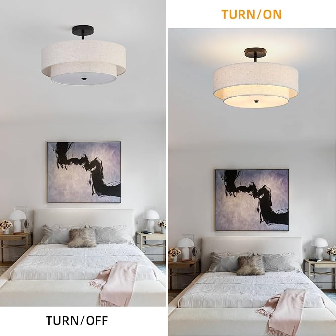 18" Semi Flush Mount Ceiling Light with Fabric Lampshade Modern Drum Ceiling Lamp Black Ceiling Light Fixture for Dining Room Kitchen Bedroom Living Room