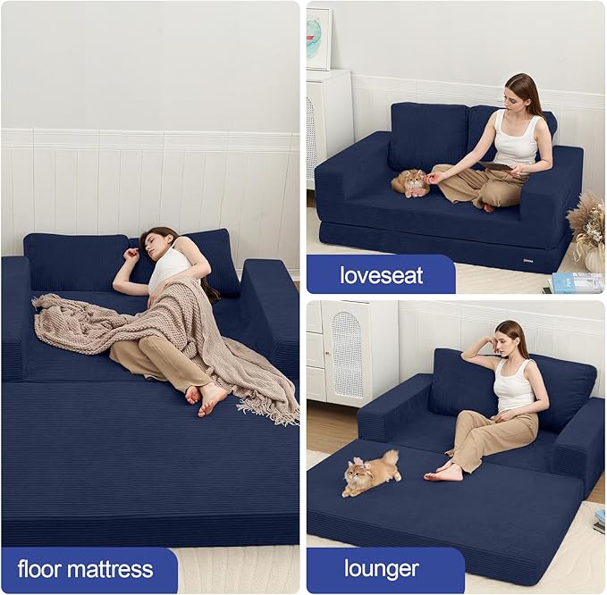 COMAX Convertible Sofa Bed Queen, Folding Fold Out Couch Bed, Floor Futon Couch Corduroy with Back Pillows, Boneless Sofa Comfy Lounge Sleeper Mattress Loveseat for Living Room Bedroom, Navy Blue