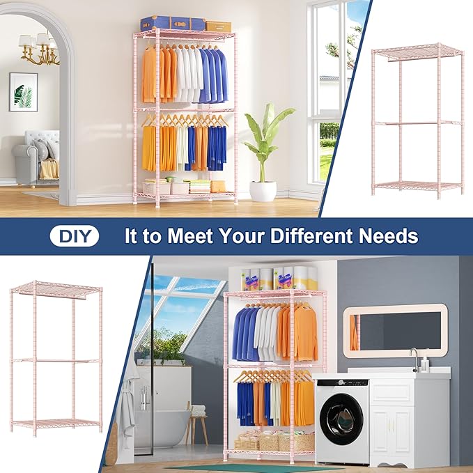 Ulif E12 Clothes Rack，Heavy Duty Freestanding Garment Rack with Shelves，Metal Clothing Closet Storage System for Hanging Clothes，71" W x 16" D x 76.5" H, Hold 960 lbs，Pink