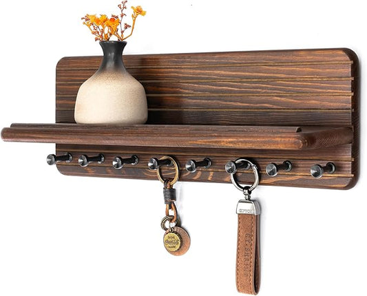 Rebee Vision Retro Key Holder Wall Mount for Room Decor – Farmhouse Key Hanger with 8 Durable Hooks & Floating Shelf for Coat Rack – Mail Organizer for Entryway, Wall Decor, or Office Decor (Brown)