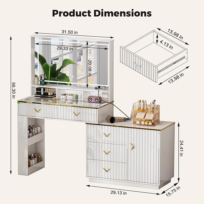 57“Makeup Vanity Desk with Mirror and Lights, Vanity Desk with 5 Drawers & Storage Shelves, Vanity Table with Power Outlet, 3 Color Modes & Adjustable Brightness Dressing Table, Bedroom,White