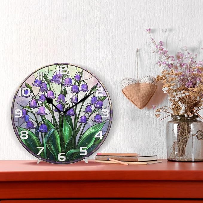 Bolaz Wall Clocks Decorative Bedroom Silent Living Room Desktop Lily of The Valley Tabletop Shelf Clocks Round Battery Operated 10 Inch Non-Ticking 1