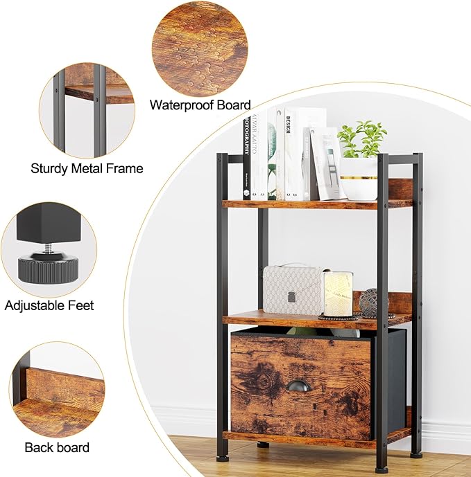 Furologee 3 Tier Bookshelf with Drawer, Small Bookcase with Shelves, Short Wood and Metal Bookshelf Storage Organizer, Industrial Freestanding Shelf Units for Bedroom, Living Room, Dorm, Rustic Brown