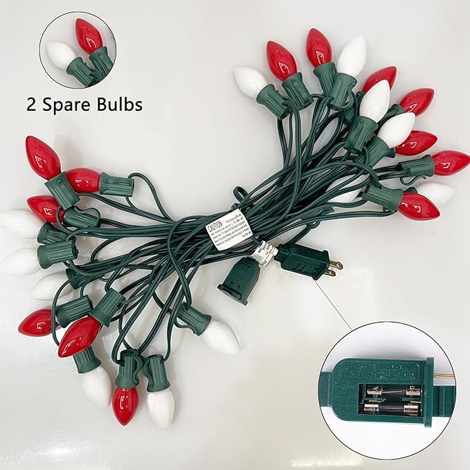 C7 Christmas String Lights 25 Feet Outdoor String Lights with 27 5W Red White Glass Bulbs(2 Spare), Connectable Hanging Christmas Lights for Backyard Patio Balcony Party Xmas Decor, Green Wire