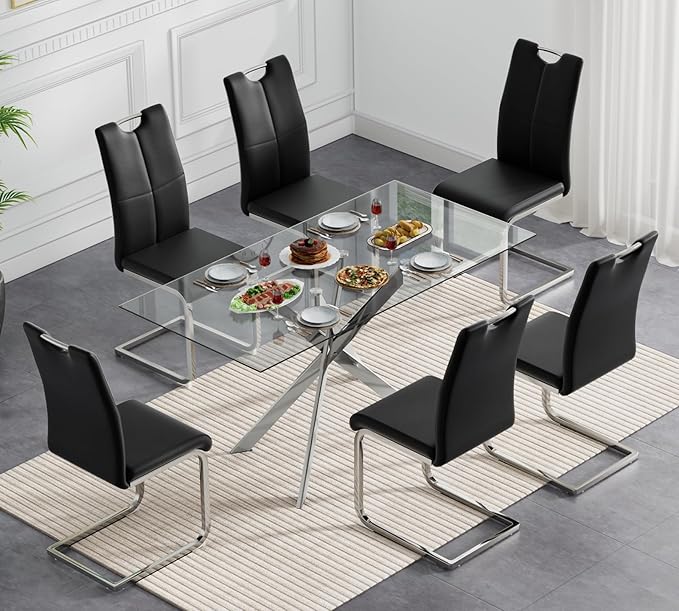 Modern Glass Dining Table Set for 6, Silver Glass Kitchen Table and Chairs Set of 6, 7 Piece Dining Room Table Set with 61" Rectangular Metal Glass Dinner Table and 6 Black Leather Dining Chairs