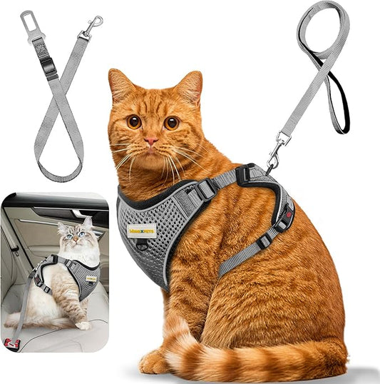 Cat Harness and Leash for Walking, Retractable Cat Harnesses and Leash Set Escape Proof, Breathable Soft Kitten Small Large Harness for Travel Training and Walking, Grey, XXS