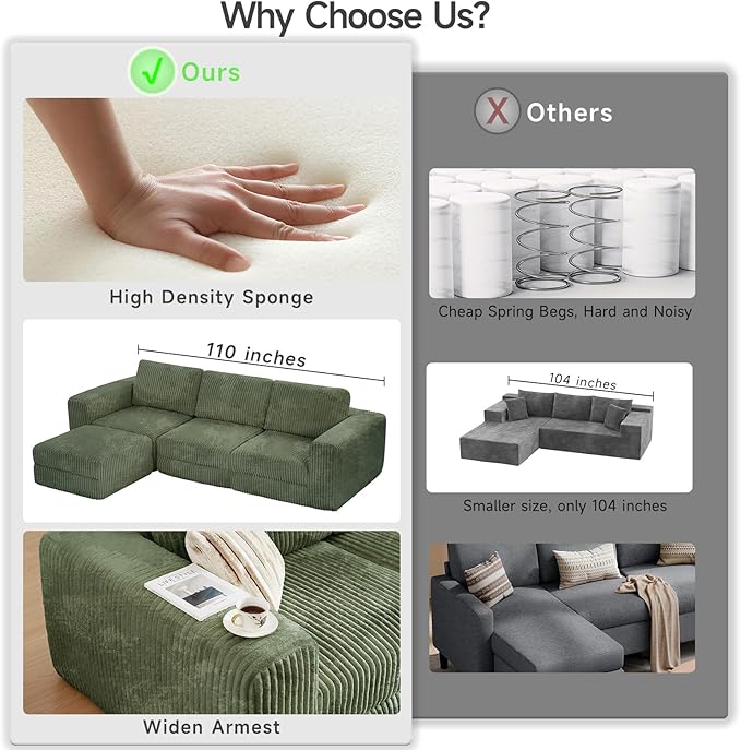 ONBRILL 110" Modular Sectional Sofa, L Shaped Couch 4 Seater with Sleeper Chaise, Sectional Couch with Deep Seat,Upholstered Corduroy Cloud Couches for Living Room,Bedroom,No Assembly Required,Green