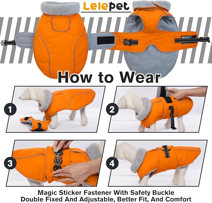 Lelepet Warm Dog Coat Reflective Fleece Vest Waterproof Dog Jacket with Adjustable Buckle Hook & Loop Windproof Cold Weather Coats for Small Medium Large Dogs, Orange, XXXL