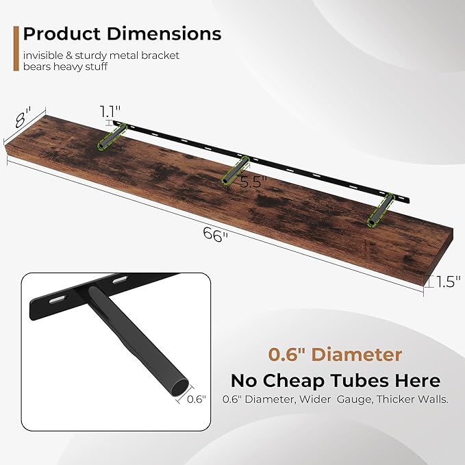 Fun Memories 66 Inch Fireplace Mantel Shelf with Invisible Bracket, 8 Inch Deep Floating Shelf for Living Room, Kitchen, Farmhouse, Brown (2-Pack)