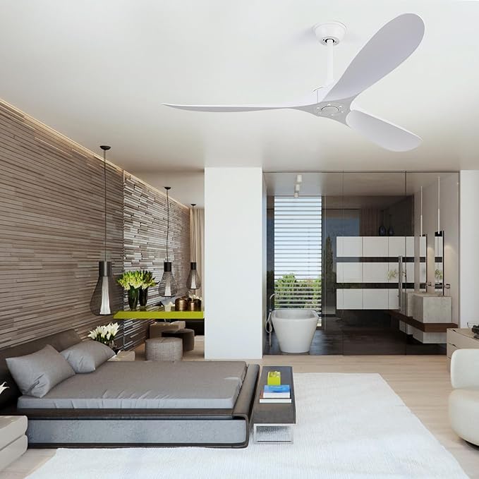 60 inch 3 blade ceiling fan without light, Noiseless Reversible DC Motor Ceiling Fan Without Light for Farmhouse Patio Living Room Bedroom, Indoor Outdoor Ceiling Fan with Remote-white