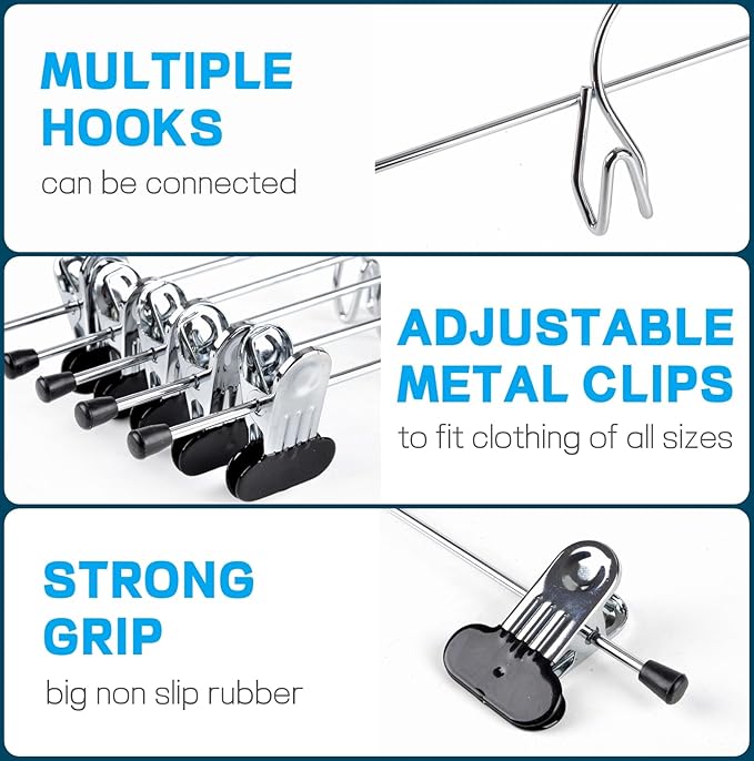 Amber Home 20 Pack Heavy Duty Metal Pants Skirt Hangers, Stackable, Adjustable Clips, Space Saving for Jeans, Slacks